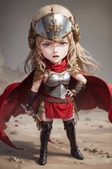 a girl in a red dress and a helmet holds a sword