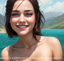 a woman in a bikini stands in the water . 