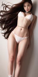 A Asian girl with very long hair and white lingerie posing with a white wall.