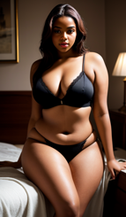 is a性感肖像 of a plus size model in black lingerie sitting on a bed.