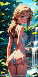 This image features a beautiful anime girl wearing a bikini and standing in front of a waterfall.