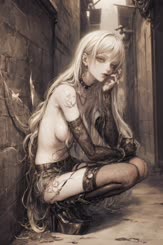 An artistic image of a mysterious female character with long white hair sitting on a cobbled street.