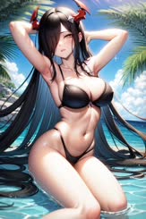 a woman in a black bikini on the beach