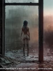 a woman standing in a rain covered room . 