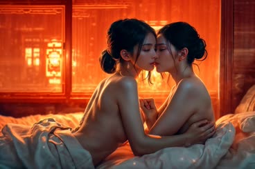 Two Naked Women Kissing on a Bed
