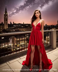 a woman in a red dress standing on a balcony . 