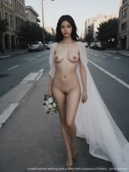 a naked woman walking down a street with a bouquet of flowers . 