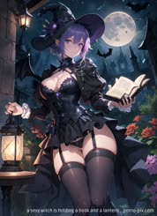 a sexy witch is holding a book and a lantern . 