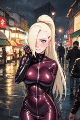 a cartoon woman with blonde hair and purple latex outfit