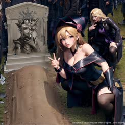 two women in black outfits pose in front of a grave . 