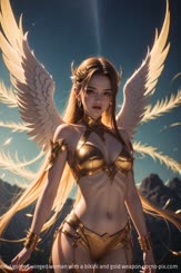 A beautiful golden winged woman with a bikini and gold weapon