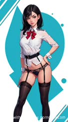 The image is a illustration of a woman wearing a shirt and stockings with a red bow.