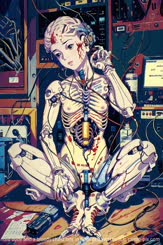 A robot with a humanoid body and a bloody chest sits in front of a workbench.