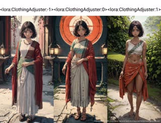 three different outfits for a digital character each on a separate background.