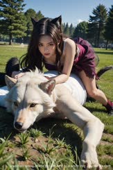 a woman laying on the ground next to a white dog . 