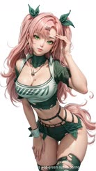 Pink-haired anime girl with green eyes and green: outfit.