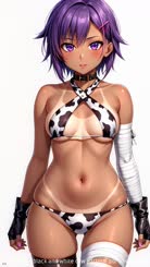 Purple-haired anime girl in a bikini with a black and white cow: pattern.