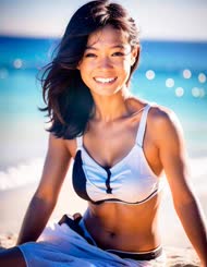 arafed woman in a bikini sitting on the beach smiling