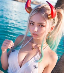 blond woman with horns and green hair posing by the water