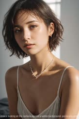 is a photoshoot of a female Asian model with short hair wearing a white deep V shirt and a pearl necklace looking at the camera against a white background.