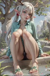 A very cute fantasy art girl with white hair and green eyes wearing a green shirt and bikini bottoms sitting on the edge of a fountain.