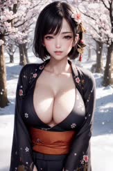 a beautiful woman wearing a black kimono standing in the snow
