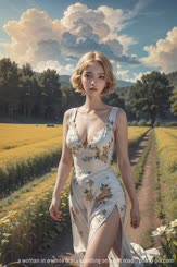 a woman in a white dress standing on a dirt road . 