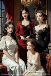 four beautiful young women posing in different outfits . 