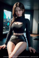 a beautiful woman in a black top and black shorts . 