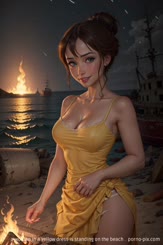 a woman in a yellow dress is standing on the beach . 