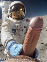 a person in a spacesuit holds a large penis 