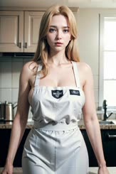 a woman in a white apron standing in a kitchen