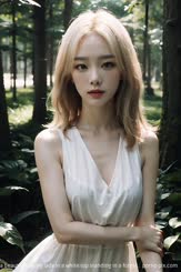 a beautiful young lady in a white top standing in a forest . 