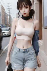 a beautiful woman wearing a white crop top and blue jeans