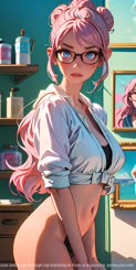 A digital illustration of a cute pink haired woman with anCaucasian features wearing glasses and a see through top standing in front of a painting.