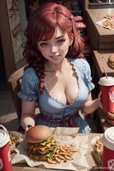 a beautiful young lady holding a hamburger and a drink . 