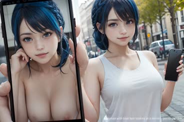 a woman with blue hair looking at a mirror . 