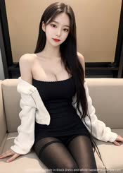 Sultry Asian Beauty in Black Dress and White: Sweater