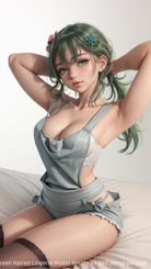 Sultry Green-Haired Lingerie Model Posing on: Bed