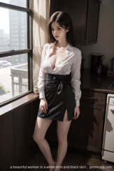 a beautiful woman in a white shirt and black skirt . 