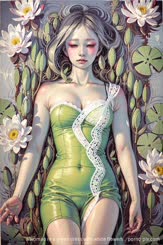 a woman in a green dress with white flowers . 