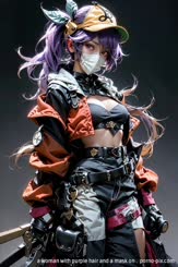 a woman with purple hair and a mask on . 
