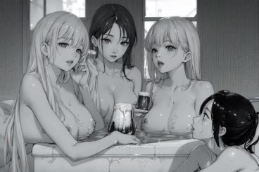 three women are sitting in a tub with a glass of beer