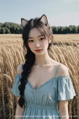 a woman with a cat ears is posing in a field . 