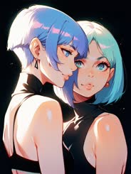 Two Blue-Haired Anime Girls Kissing in the: Dark