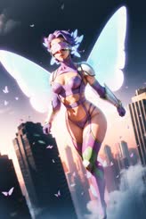 a girl with a butterfly like wings standing in front of a city . 