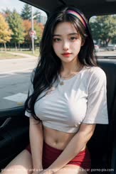 A beautiful Korean girl with long hair and a small vest shirt is sitting in a car.