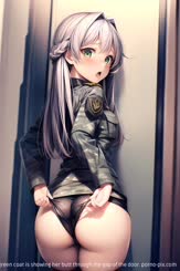 An anime girl with grey hair and a green coat is showing her butt through the gap of the door.