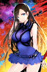 a woman in a blue dress with long hair