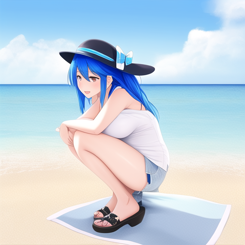 nervous Mother taking off a hat on the beach with blue hair  ultra detailed 